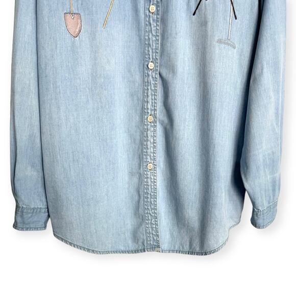 Vintage Woolrich Gardening Embroidered Long Sleeve Chambray Button Up Women's L - Picture 4 of 8